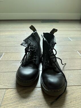 Dr. Martens Black Leather Lace-Up Boots with Yellow Stitching